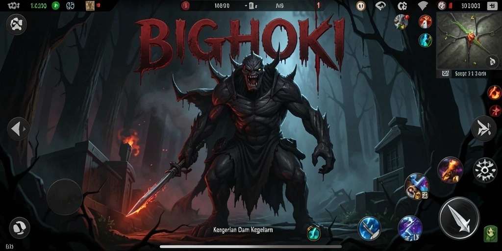 Tangkapan layar menampilkan suasana menyeramkan dari gameplay BIGHOKI.