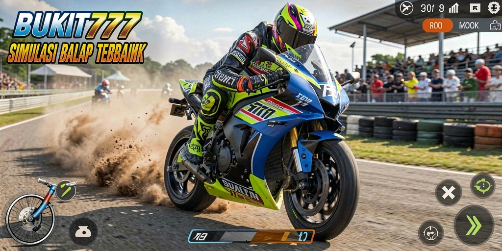 Tampilan gameplay mendebarkan dari BUKIT777 yang menampilan balapan motor.