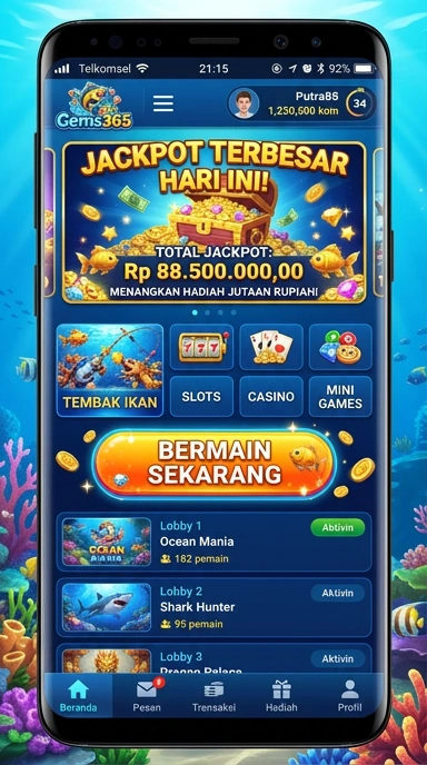 Tampilan antarmuka pengguna gems365 yang sederhana dan mudah dinavigasi.